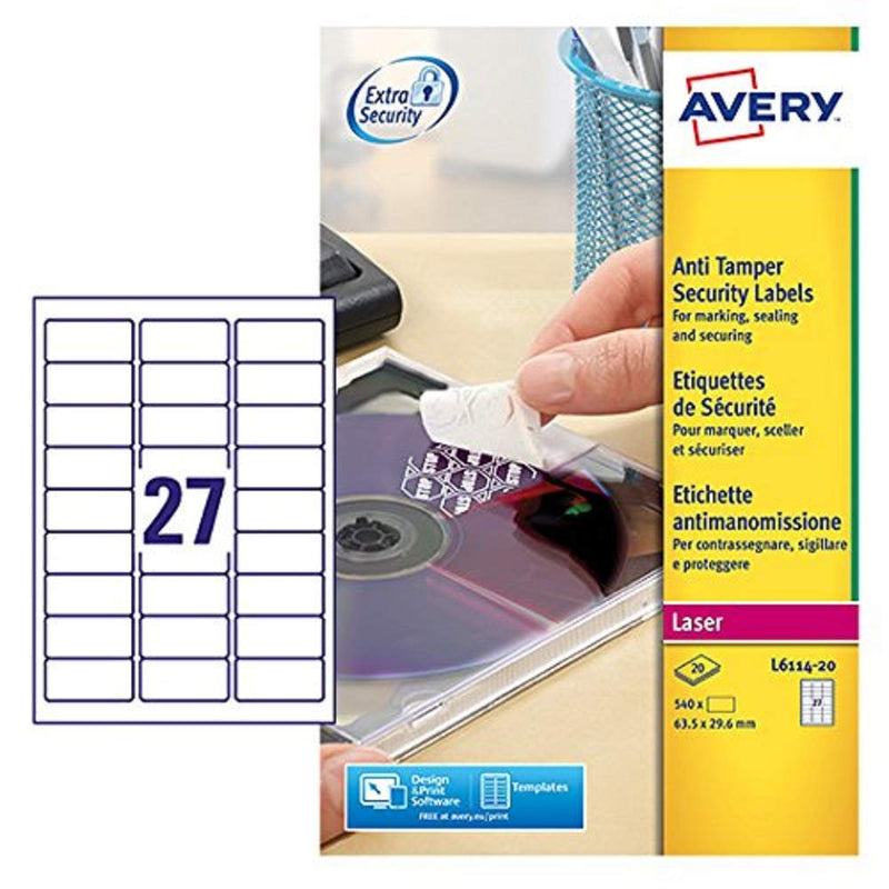 AVERY Zweckform Siegeletiketten Laser 27TV 63,5x29,6mm - Ref L6114-20 (540 Etiketten)