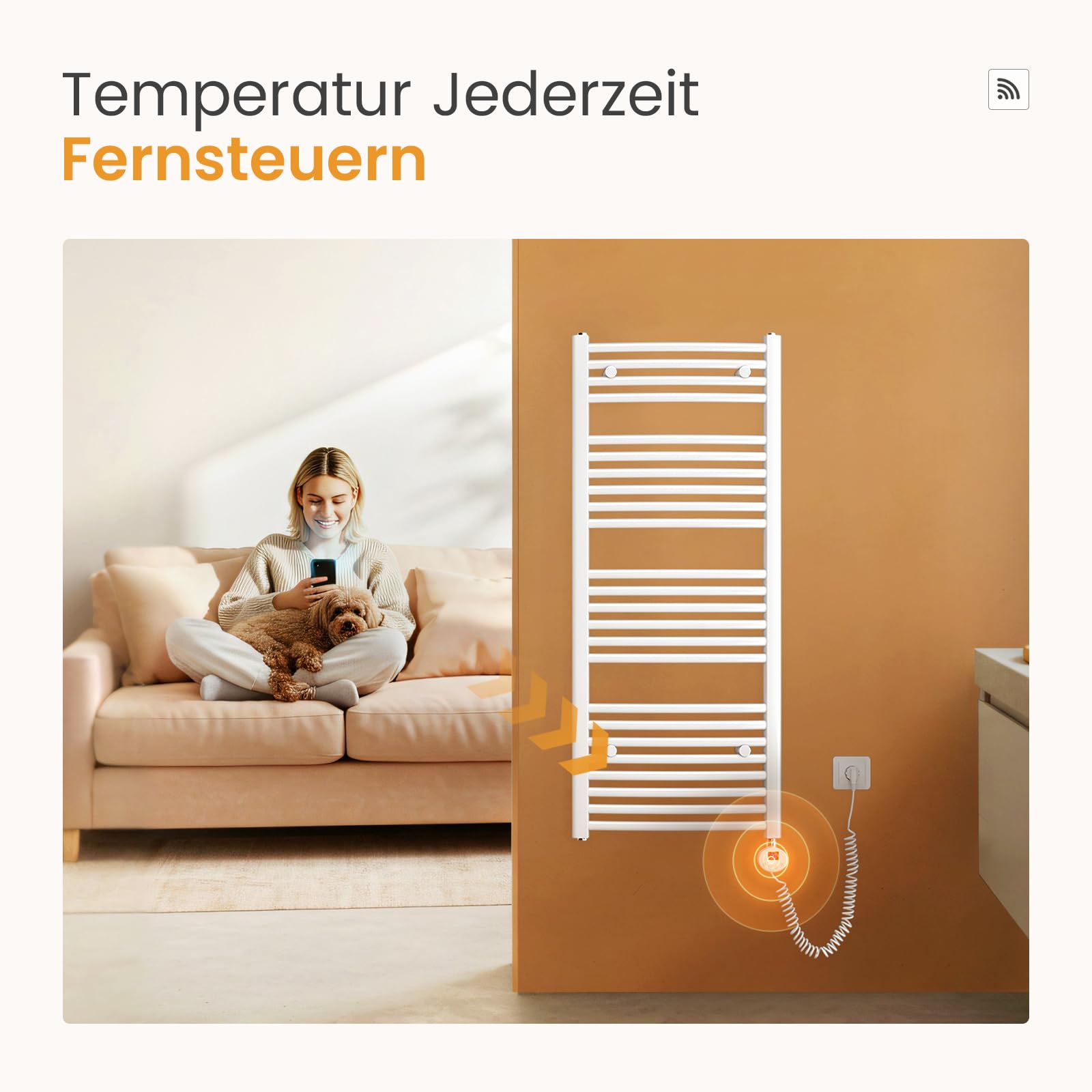 EMKE WiFi Badheizkörper Elektrisch 750x400 mm - Gebogen Handtuchheizkörper Elektrisch, Elektrischer Handtuchwärmer Handtuchtrockner Handtuch Heizkörper Bad mit Thermostat und Heizstab - 300W, Weiß