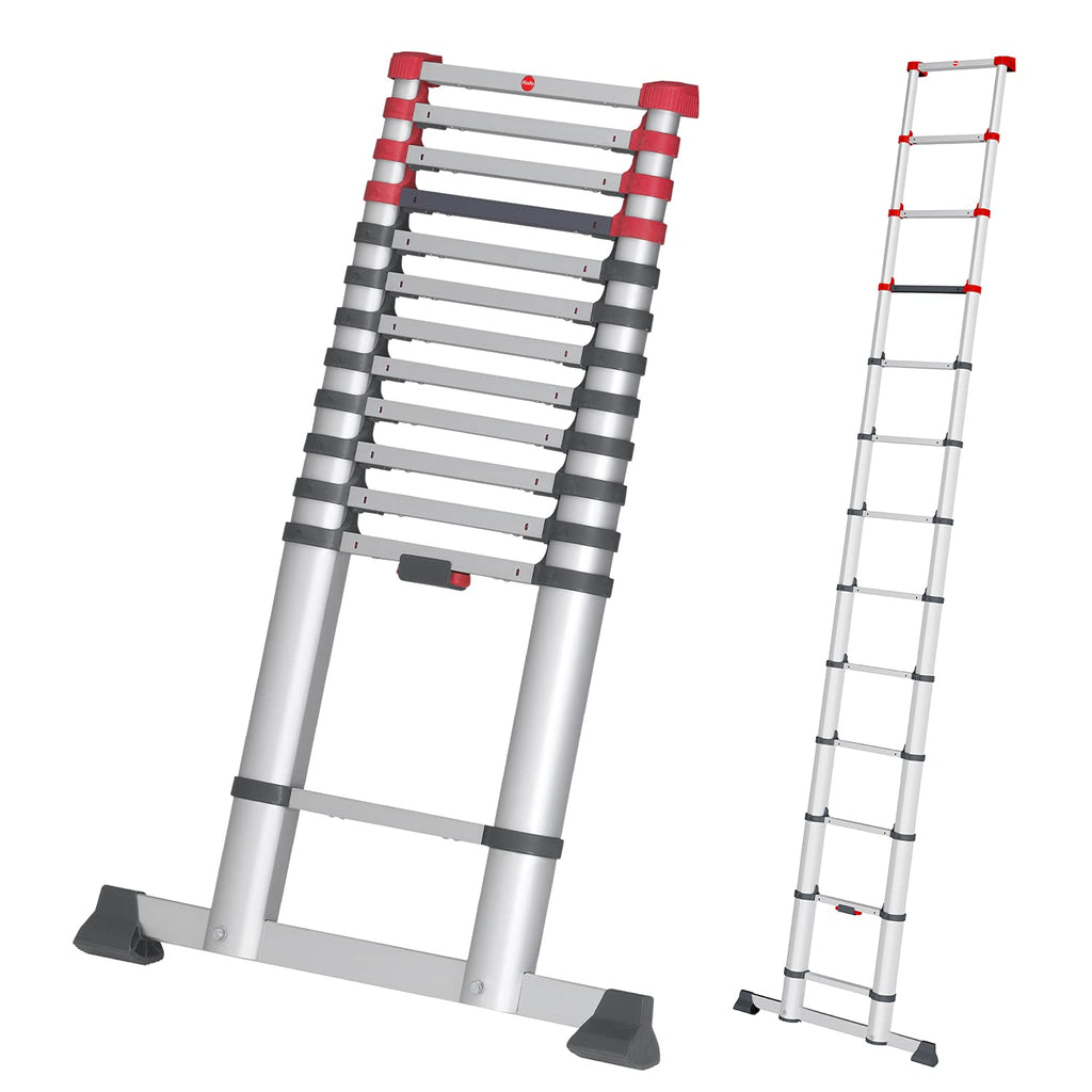 Hailo T80 FlexLine Alu-Sicherheits-Teleskopleiter - ausziehbare Anlegeleiter mit 13 Sprossen - Arbeitshöhe bis 450 cm - Gewicht 13,1 kg - Silber