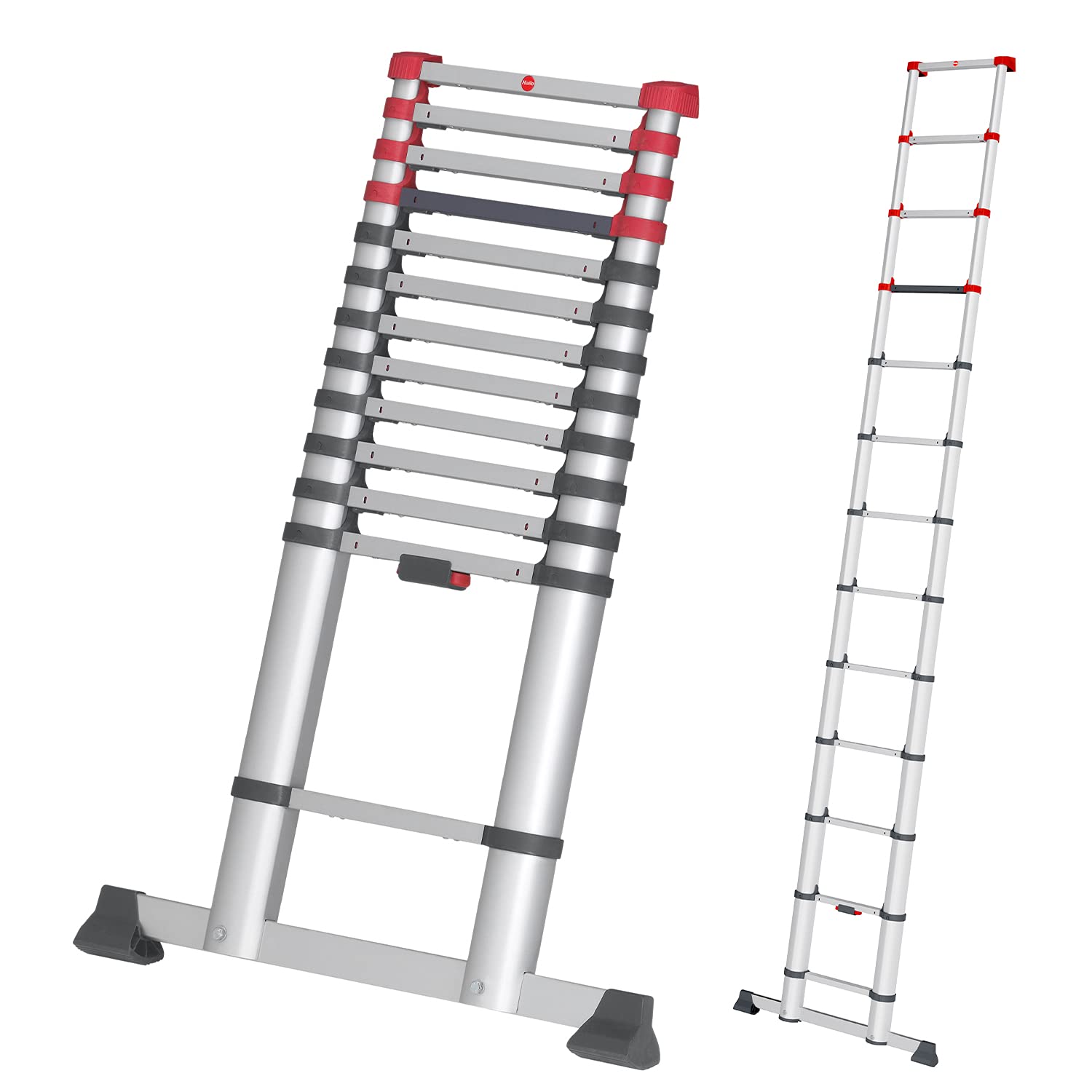 Hailo T80 FlexLine Alu-Sicherheits-Teleskopleiter - ausziehbare Anlegeleiter mit 13 Sprossen - Arbeitshöhe bis 450 cm - Gewicht 13,1 kg - Silber