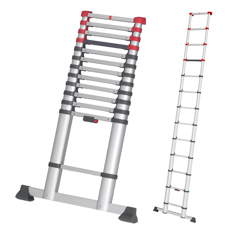 Hailo T80 FlexLine Alu-Sicherheits-Teleskopleiter - ausziehbare Anlegeleiter mit 13 Sprossen - Arbeitshöhe bis 450 cm - Gewicht 13,1 kg - Silber