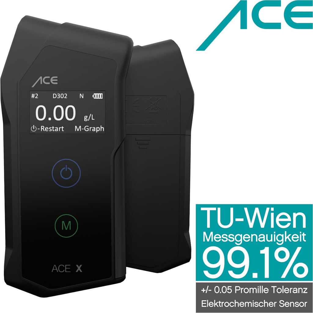 ACE X Alkoholtester - Alkotester mit 99,1% Genauigkeit laut TU Wien - elektrochemisch & polizeigenau - Profi-Alkoholmessgerät