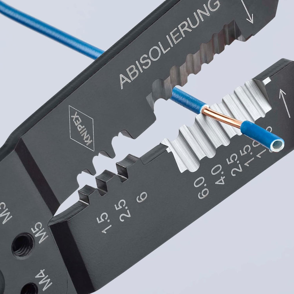 KNIPEX Crimpzange, 0,5-6,0 mm², für Kabelschuhe und Flachsteckverbinder, mit Abisolier- und Scheidfunktion,Presszange, Kabelschuhzange, 97 22 240