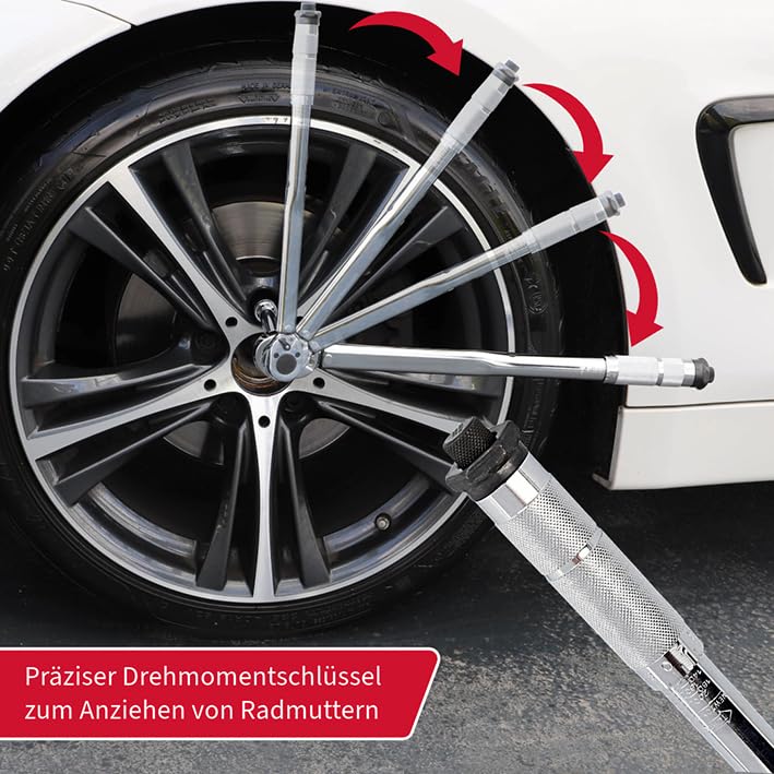 UNITEC Drehmomentschlüssel, Einstellbar von 40 bis 210 Nm, Antrieb 1/2" Vierkant, mit Stecknüssen 17/19 mm und Verlängerung, Silber