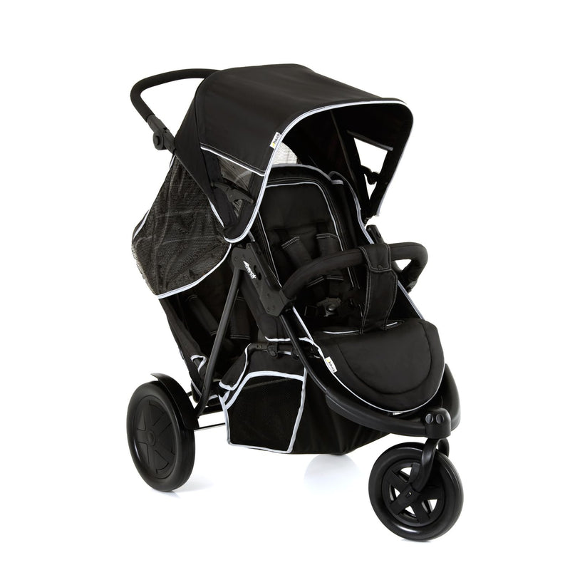 hauck Freerider, Schwarz - 3 Rad Geschwisterbuggy mit Regenschutz für 2 Kinder - Oberer Sitz mit Liegefunktion ab Geburt - Unterer Sitz ab 6 Monaten - Max. 15 Pro Sitz - Höhenverstellbar