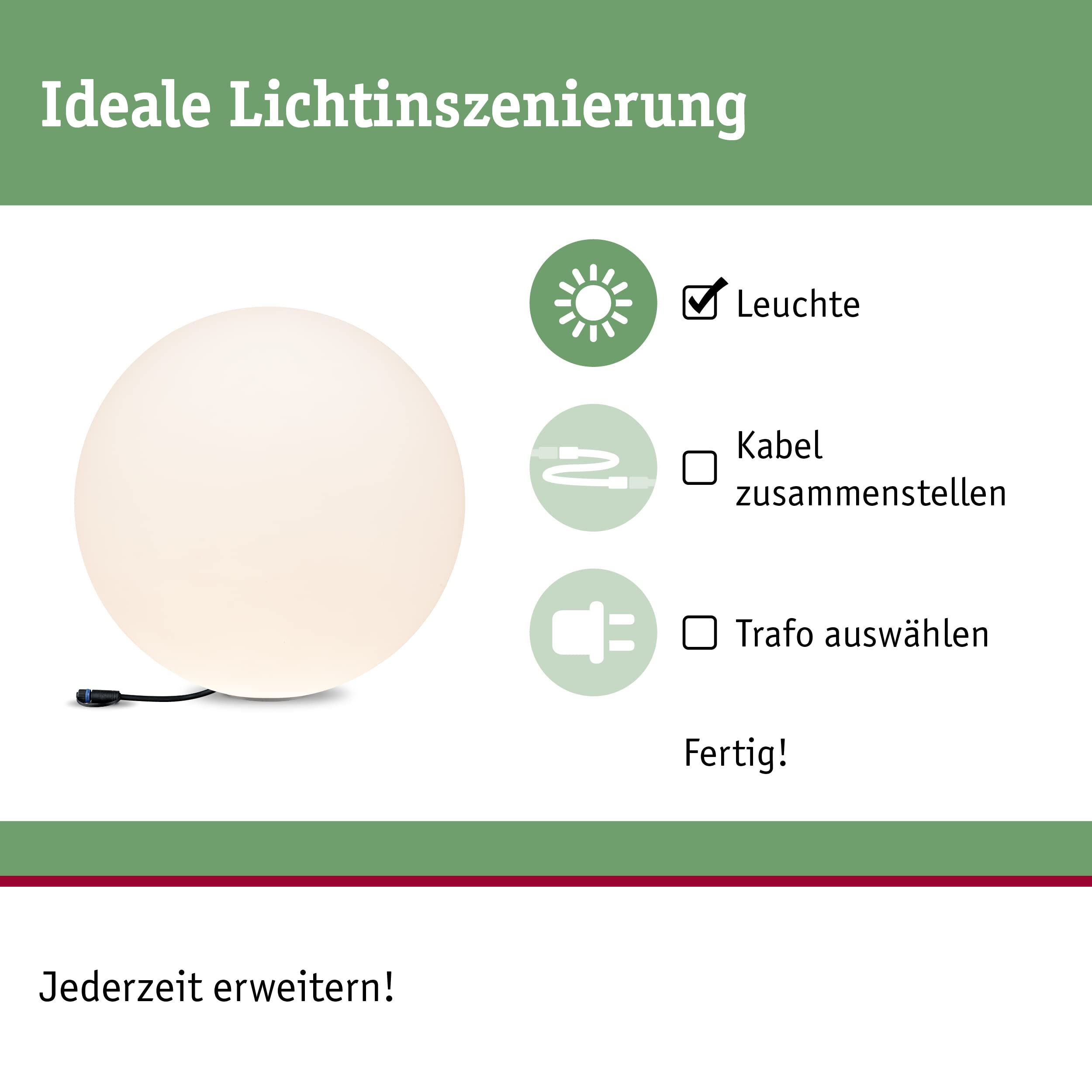 Paulmann 94179 Plug & Shine Lichtobjekt Globe IP67 3000K 575lm 24V Kugelleuchte Aussenleuchte Gartenbeleuchtung Terassenbeleuchtung 94179
