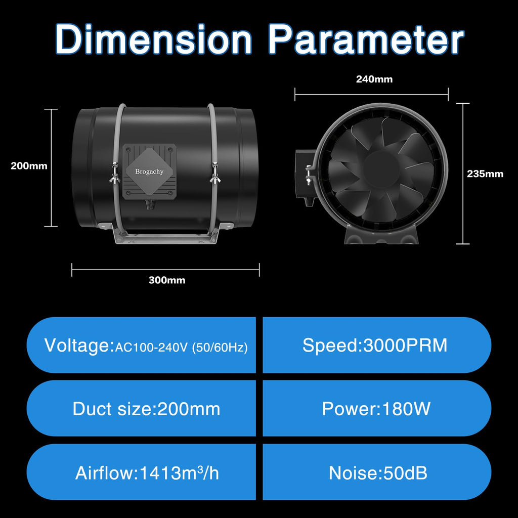 Brogachy 200mm Regelbar Rohrventilator, Abluftventilator 3000 RPM,mit Dreiphasiger EC Motor, für Heizung, Kühlung,Booster, Wachstumszelte, Hydrokulturen, Heimgebrauch, Belüftung.