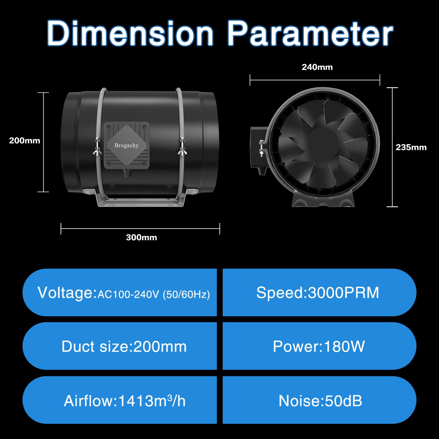 Brogachy 200mm Regelbar Rohrventilator, Abluftventilator 3000 RPM,mit Dreiphasiger EC Motor, für Heizung, Kühlung,Booster, Wachstumszelte, Hydrokulturen, Heimgebrauch, Belüftung.