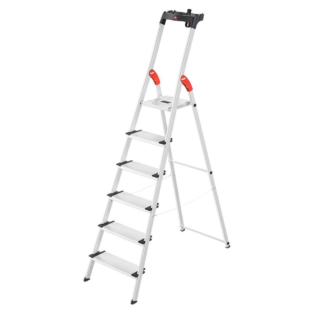 Hailo L80 ComfortLine Alu-Sicherheits-Stehleiter - 6 XXL-Stufen belastbar bis 150 kg - Tiefe Standfläche - Stehleiter mit Ablage - klappbare Aluleiter Made in Germany - Leiter rostfrei - Silber
