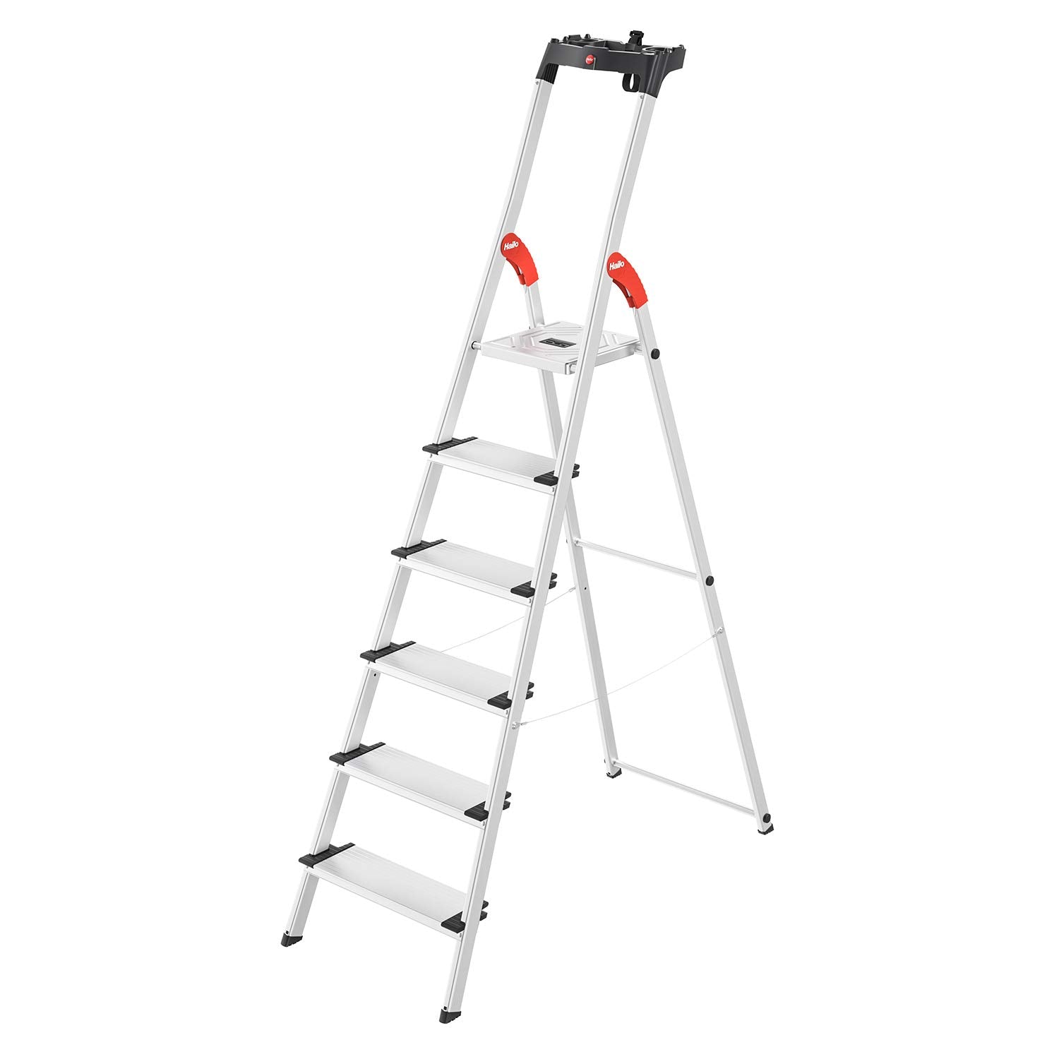 Hailo L80 ComfortLine Alu-Sicherheits-Stehleiter - 6 XXL-Stufen belastbar bis 150 kg - Tiefe Standfläche - Stehleiter mit Ablage - klappbare Aluleiter Made in Germany - Leiter rostfrei - Silber