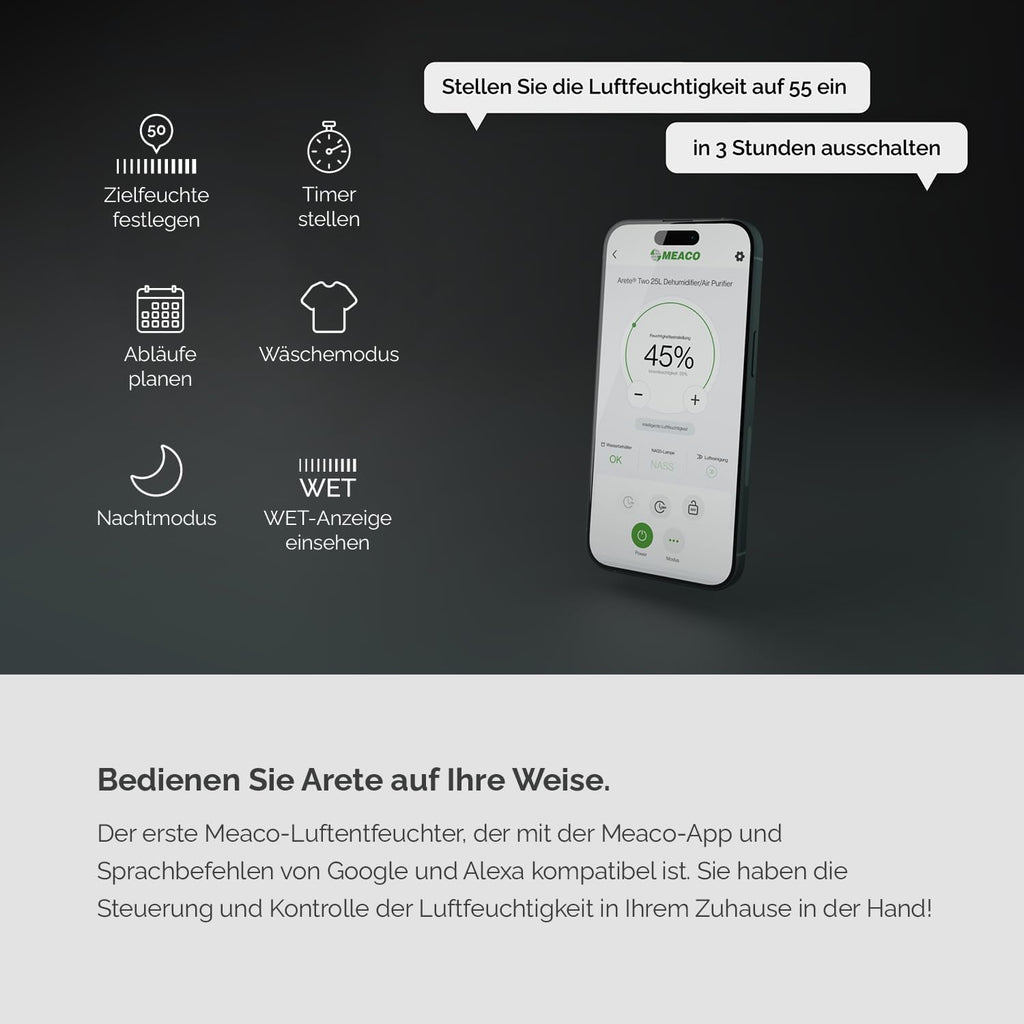 Meaco MeacoDry Arete® Two 12L Luftentfeuchter & HEPA-H13-Luftreiniger, Meaco-WLAN-App, intelligenter Feuchtigkeitsmodus, Wäschemodus, Stromsparmodus, leiser Modus, senkt Feuchtigkeit, 5 Jahre Garantie