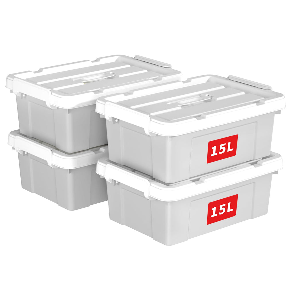 Cetomo 15L*4 Aufbewahrungsboxen, Tragbare Plastikboxen mit Deckeln, Organizer-Behälter mit Griff und Clips, Stapelbar, Ineinander Nestbar, für Zuhause und Büro, Grau, 15L-4er Pack