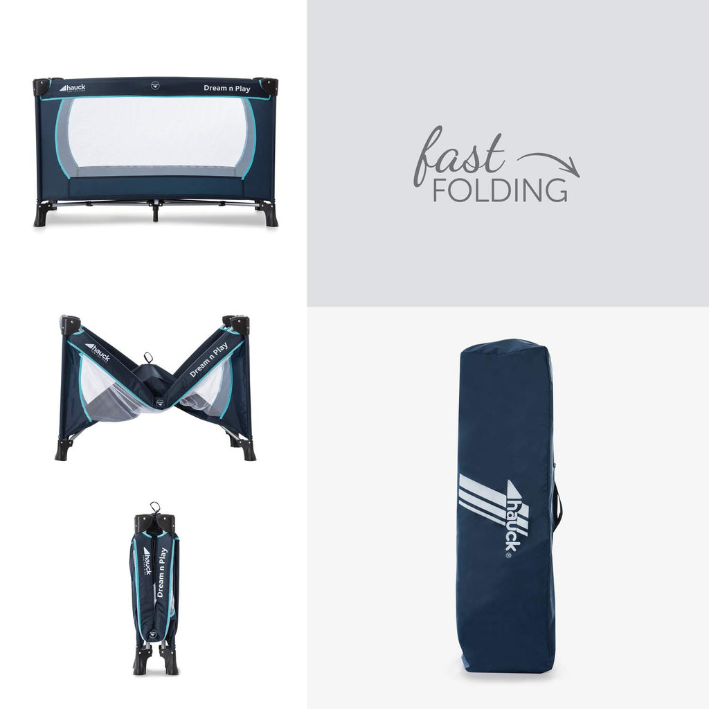hauck Kinderreisebett Dream N Play Plus mit Transporttasche und Schlupf zum Spielen, Klein Zusammenklappbar, Baby Reisebett Kleinkind ab Geburt bis 15 kg (Navy/Aqua)