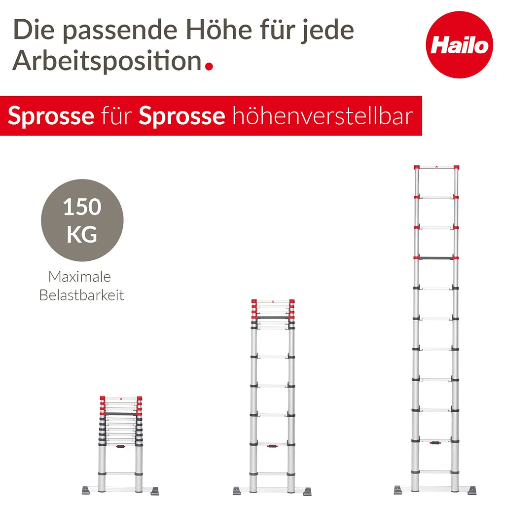 Hailo T80 FlexLine Alu Sicherheits-Teleskopleiter - ausziehbare Anlegeleiter mit 11 Sprossen - Arbeitshöhe bis 397 cm - Gewicht 10,7 kg - Silber