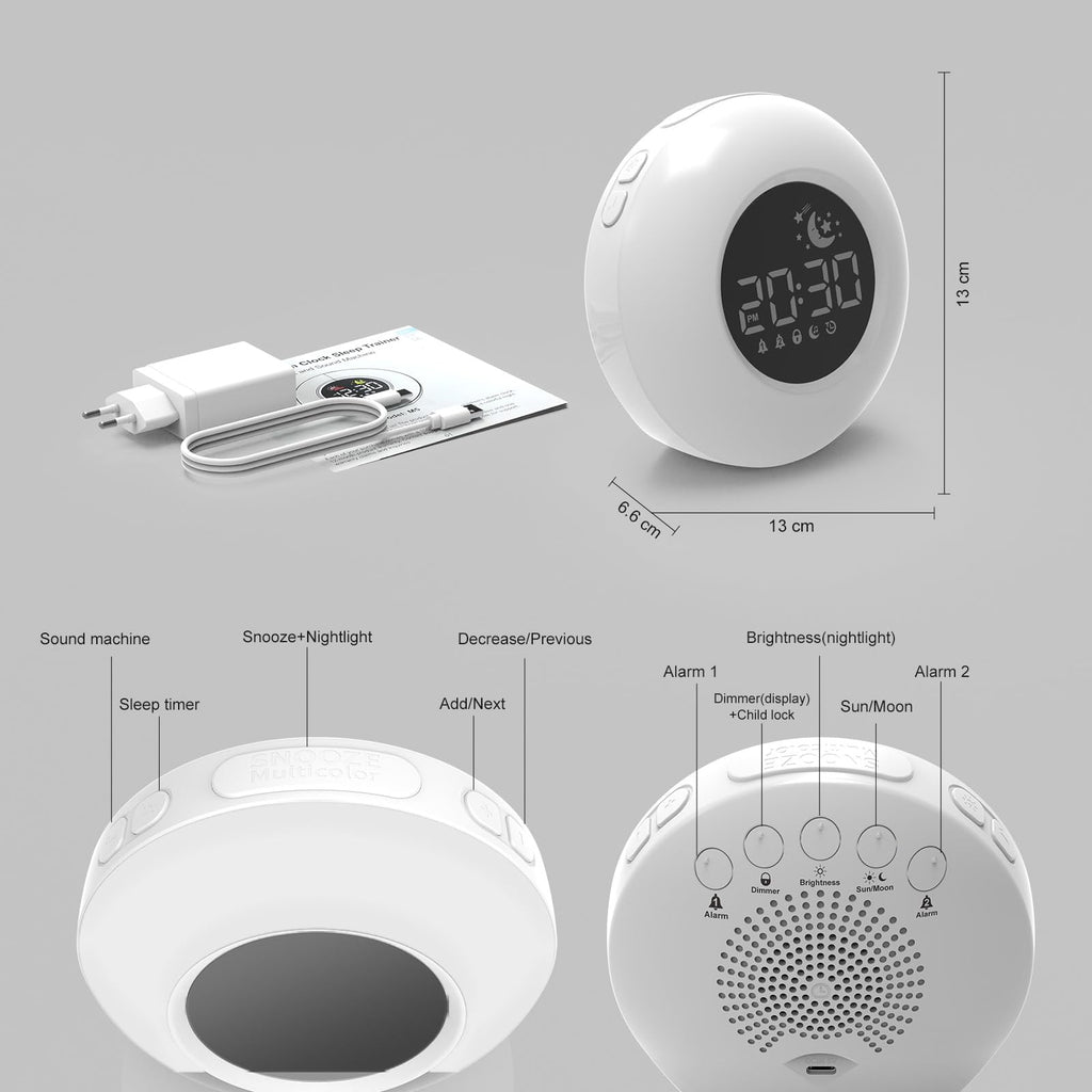 Kinder Wecker Digital, Schlaftrainer mit Nachtlicht, Lichtwecker mit 10 White Noise, Snooze und Timer 15/30/60/90 mins, LED mit Licht Tischuhr ohne Tick, Geschenke für Mädchen Jungen