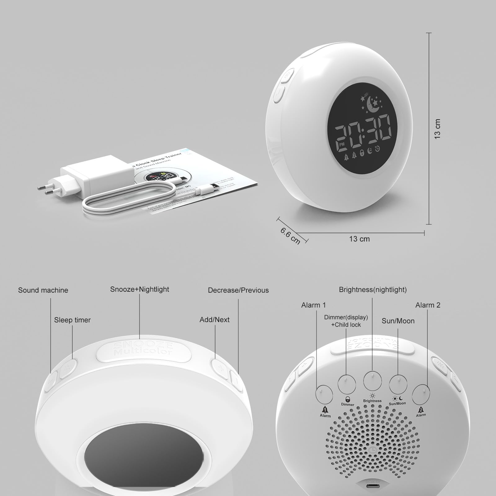 Kinder Wecker Digital, Schlaftrainer mit Nachtlicht, Lichtwecker mit 10 White Noise, Snooze und Timer 15/30/60/90 mins, LED mit Licht Tischuhr ohne Tick, Geschenke für Mädchen Jungen