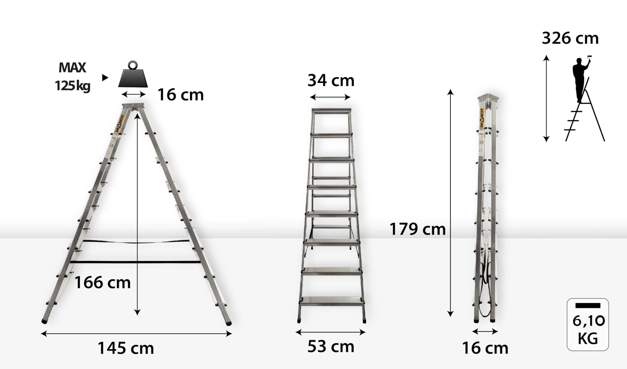 DRABEST Trittleiter Klapptritt Alu Leiter 2 x 8 Stufen Beidseitig Mehrzweckleiter bis 125 kg Belastbar Stehleiter…