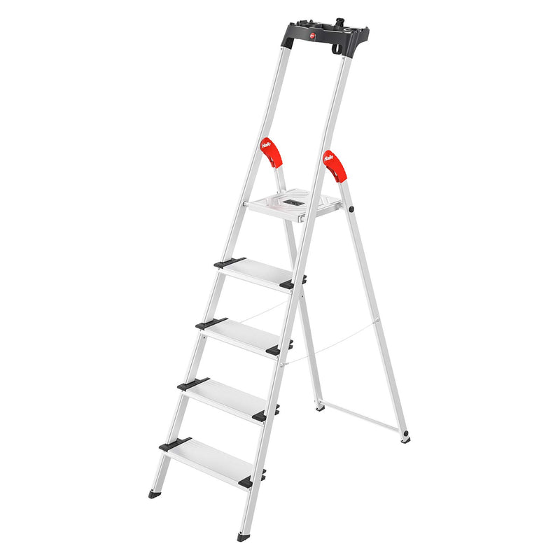 Hailo L80 ComfortLine Alu-Sicherheits-Stehleiter - 5 XXL-Stufen belastbar bis 150 kg - Tiefe Standfläche - Stehleiter mit Ablage - klappbare Aluleiter Made in Germany - Leiter rostfrei - Silber