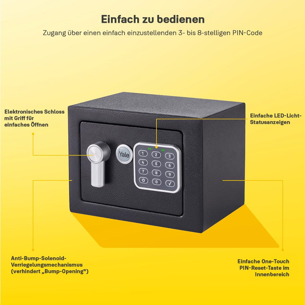 Yale Elektronischer Safe YSV/170/DB2, 3–8-stelliger PIN-Code, Anti-Bumping-Schloss, Auto-Sperre, LED-Indikatoren, gepolsterter Innenraum, Wand/Boden-Montage, Maße 170×230×170 mm, Volumen 3,8 L