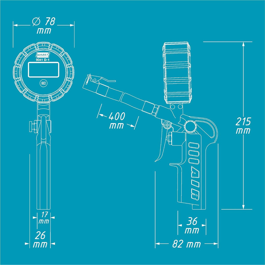 HAZET Reifenfüll-Messgerät 9041D-1 I Digitale Anzeige, beleuchtet, Messbereich: 0-12 bar, Schlauchlänge: 400 mm, Manometer-Durchmesser: 63 mm I Reifendruckprüfer für Auto, Motorrad, Lkw uvm.