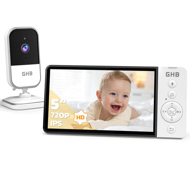 GHB Babyphone mit Kamera 5 Zoll HD IPS Bildschirm 720P 5000 mAh VOX-Energiesparmodus 4-Fach-Zoom Nachtsicht Zwei-Wege-Audio Temperatursensor