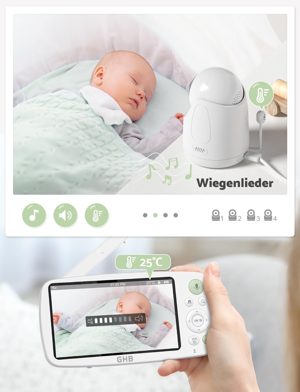 GHB Babyphone mit Kamera 5 Zoll HD 1080P Babyphone 4000-mAh-Akku 7x24 St. im VOX Modus 4xZoom Gegensprechen Nachtsicht Reichweite 300m