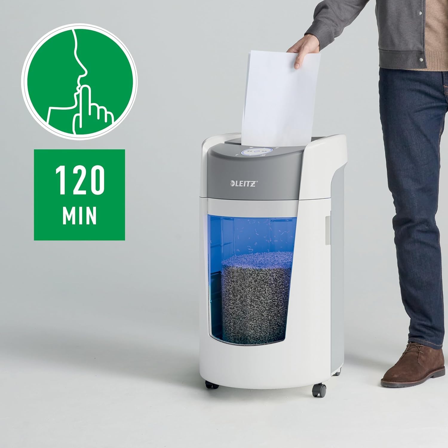 Leitz IQ OptiMax Office P5 Aktenvernichter mit Mikroschnitt, 12-10 Blatt (70-80 g/m²), Rotierender 35 Liter Behälter für 33% mehr Volumen (550 x A4), Extrem leise, 120 Min Dauerbetrieb, Weiß, 83600000