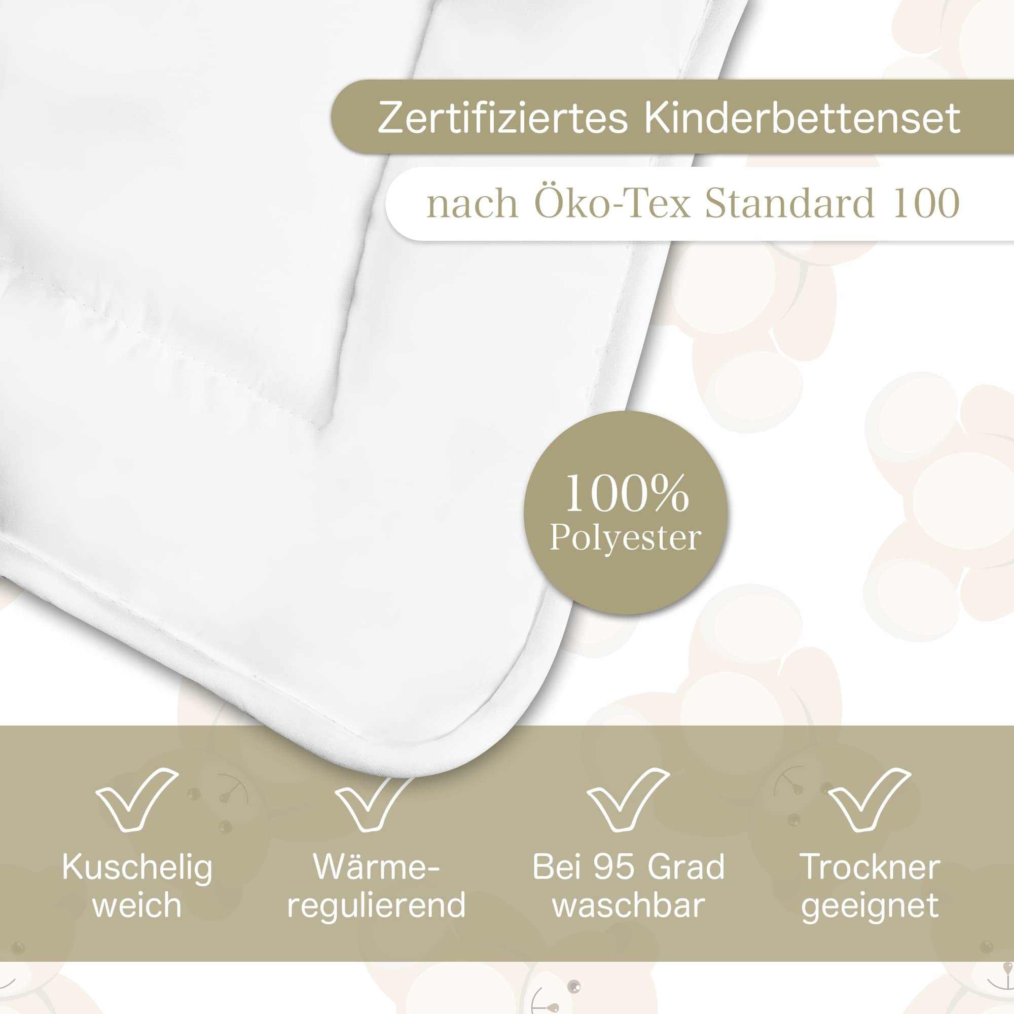 KiGATEX Baby Bettdecke und Kissen im Set - 100x135 cm Kinderbettdecke und 60x40 cm Kissen für Kinder Zertifiziert nach Öko-Tex - Kinderdecke mit Bärchensteppung