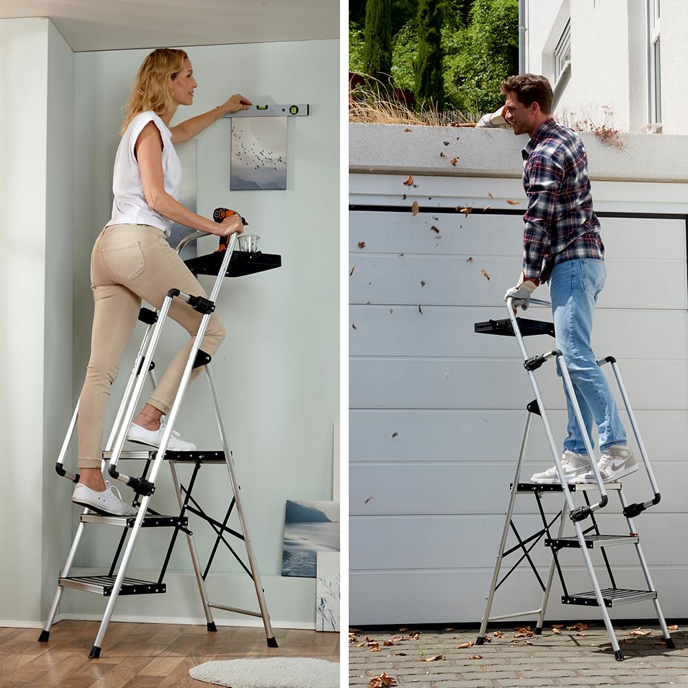PROFI-PARTNER Stahl-Sicherheitsleiter, Trittleiter, Klappbare Handläufe, Klappleiter, 3 Stufen, Rutschsichere Plattform, TÜV Geprüft, Sicherer Tritt, Robust, bis 150 kg