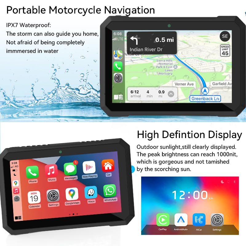 Sunweyer Motorrad Carplay und Android Auto Tragbare Drahtlose GPS Navigation 7 Zoll IPX7 Wasserdicht Touchscreen 5G Dual Bluetooth