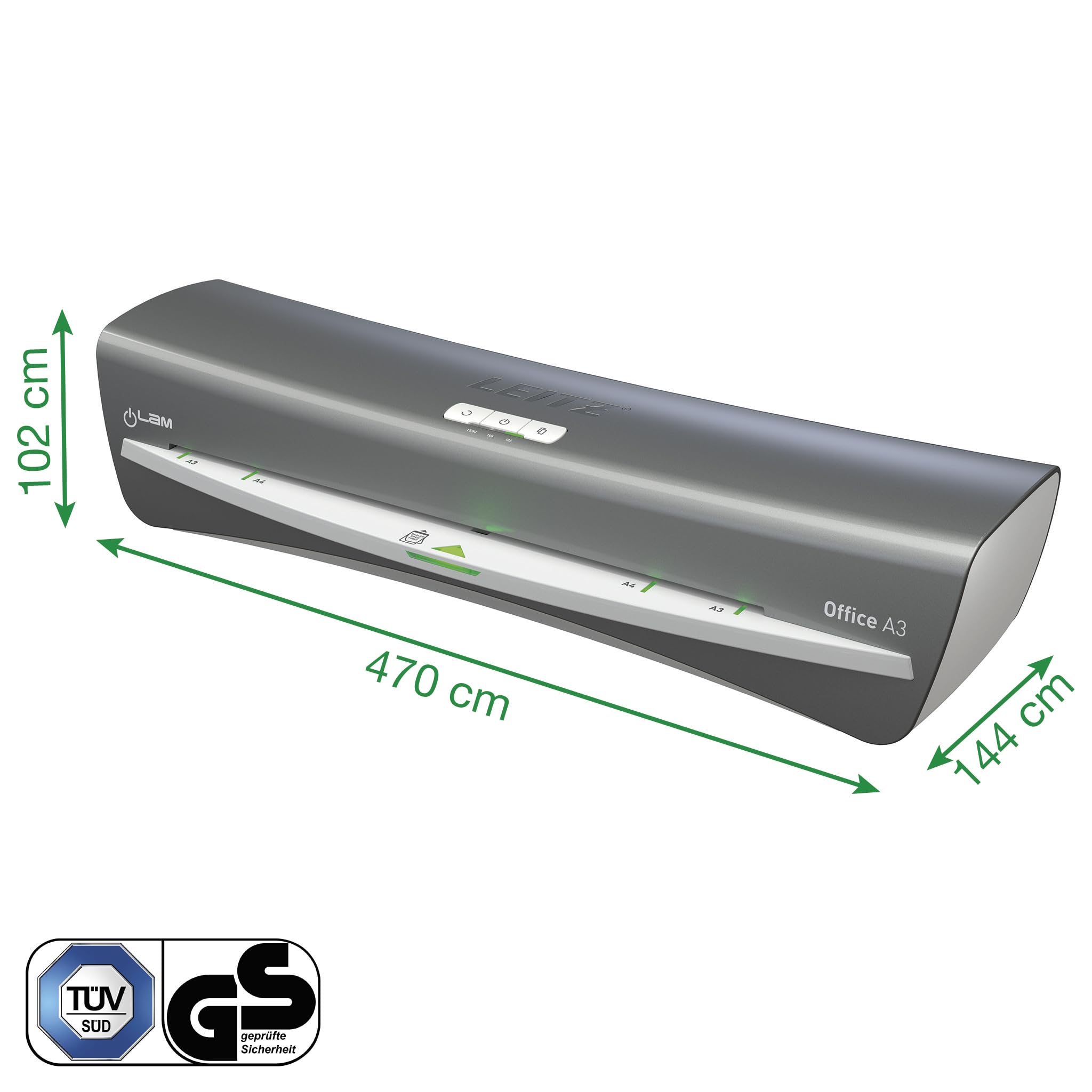 Leitz iLAM Office A3 Laminiergerät, ultraschnelle Aufwärmzeit von 1 Min, für 75-125 mic Folien, Eingabehilfen-LEDs & LED-Status, Anti-Stau, Auto-Abschaltung, inkl 5 Laminierfolien, Grau/Weiß, 72530084