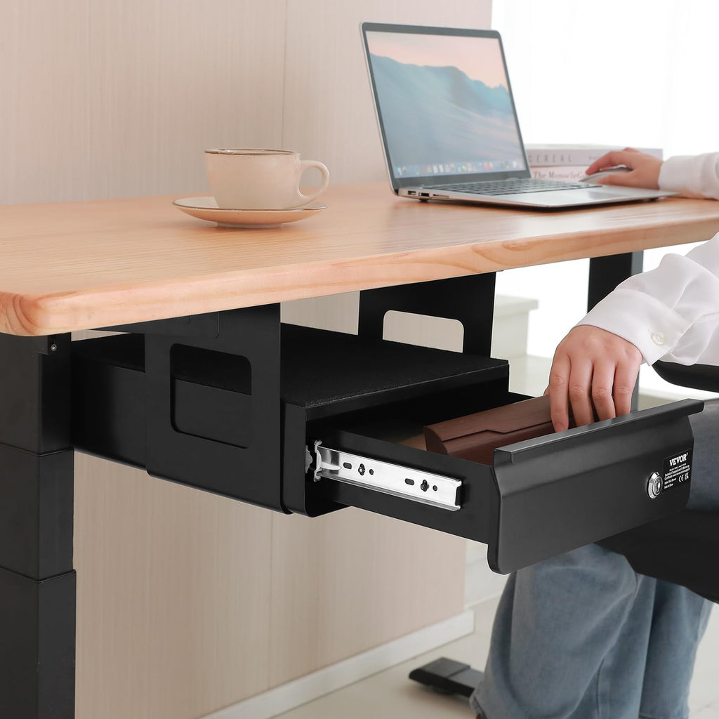 VEVOR Untertisch Schublade 365x335x185 mm, Unterbau Schreibtisch, versteckter Schreibtisch-Aufbewahrungs-Organizer, abschließbare Bleistiftschublade unter dem Tisch für Sitz-Steh-Arbeitsplätze
