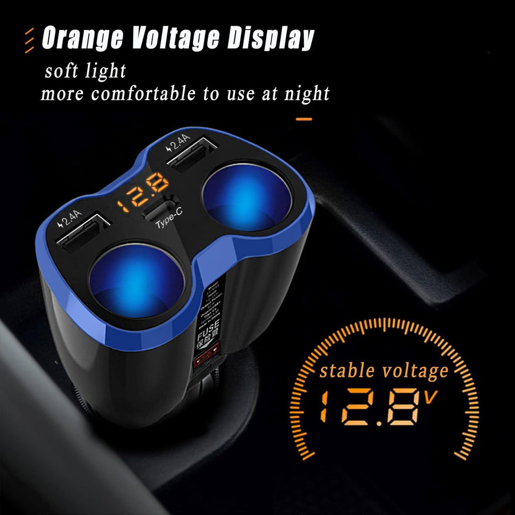 USB C Auto Ladegerät Zigarettenanzünder Verteiler Adapter Splitter Typ C KFZ Ladegerät 2 Fach Steckdose 12V/24V DC 120W mit LED Voltmeter Schalter Dual USB Port