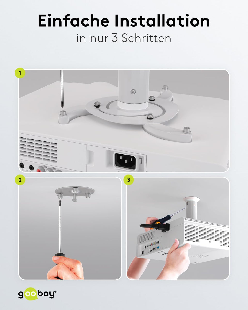 Goobay BeamerFlex Projektor-Deckenhalterung – für kleine bis mittlere Größen (bis zu 10 kg) – beweglich um 15° neigbar und 360° schwenkbar – Höhenverstellung – einfache Installation – Weiß 51896