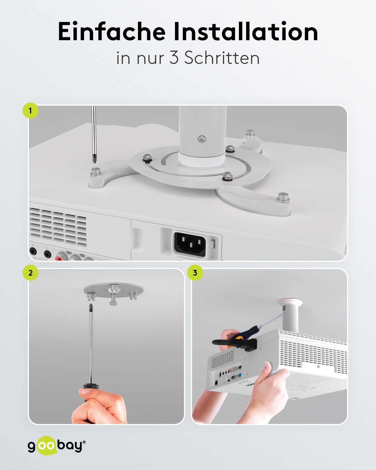 Goobay BeamerFlex Projektor-Deckenhalterung – für kleine bis mittlere Größen (bis zu 10 kg) – beweglich um 15° neigbar und 360° schwenkbar – Höhenverstellung – einfache Installation – Weiß 51896