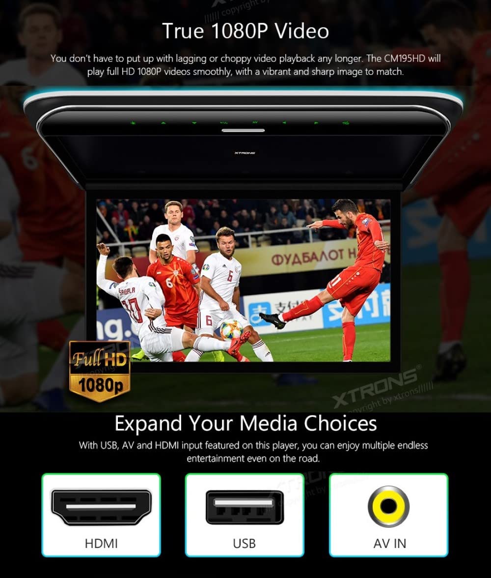XTRONS 19,5 Zoll HD-Digital TFT 16: 9-Bildschirm-Auto-Overhead-Video Ultradünner Autodach-Player mit integrierten HDMI/AV/USB-Lautsprechern und Buntem Aura-Licht