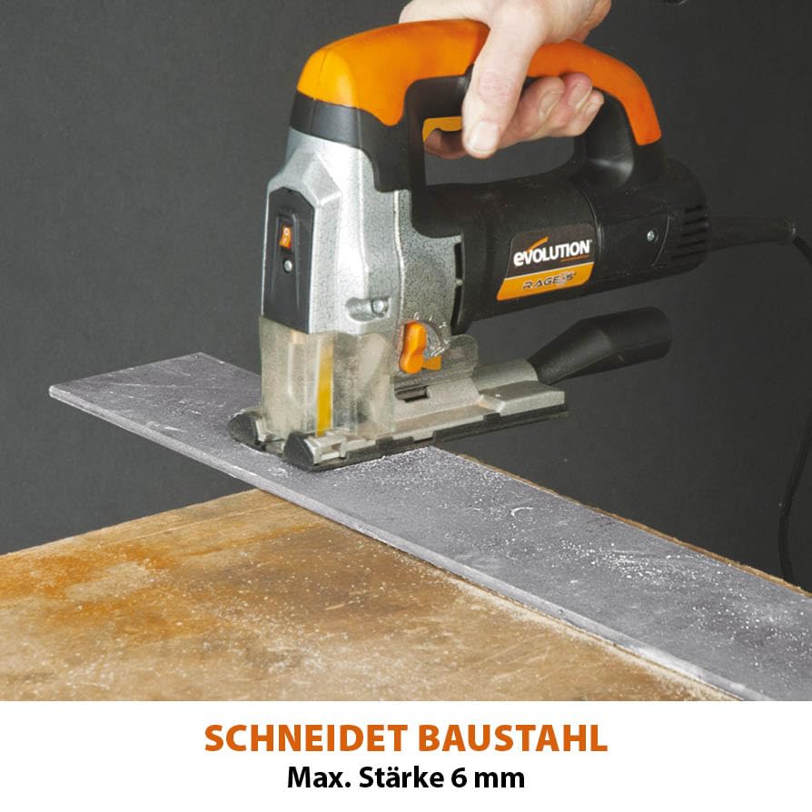 Evolution Power Tools Rage 7-S Universalstichsäge – schneidet Holz, Stahl, Kunststoff und mehr – inklusive 5 Sägeblätter, 710 W