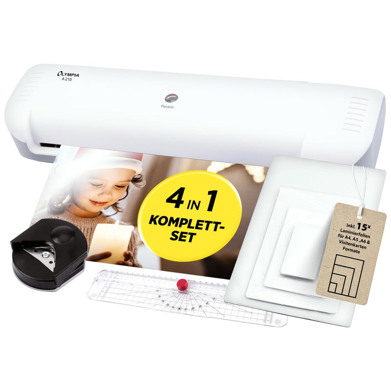Olympia A210 4in1 Laminiergerät A4 | Laminierset A4 | Laminator | Schnelles Aufwärmen | Laminiermaschine, Papierschneider & Eckrunder | Ideal für Büro Schule & Heimgebrauch | Inkl. 15 Folien