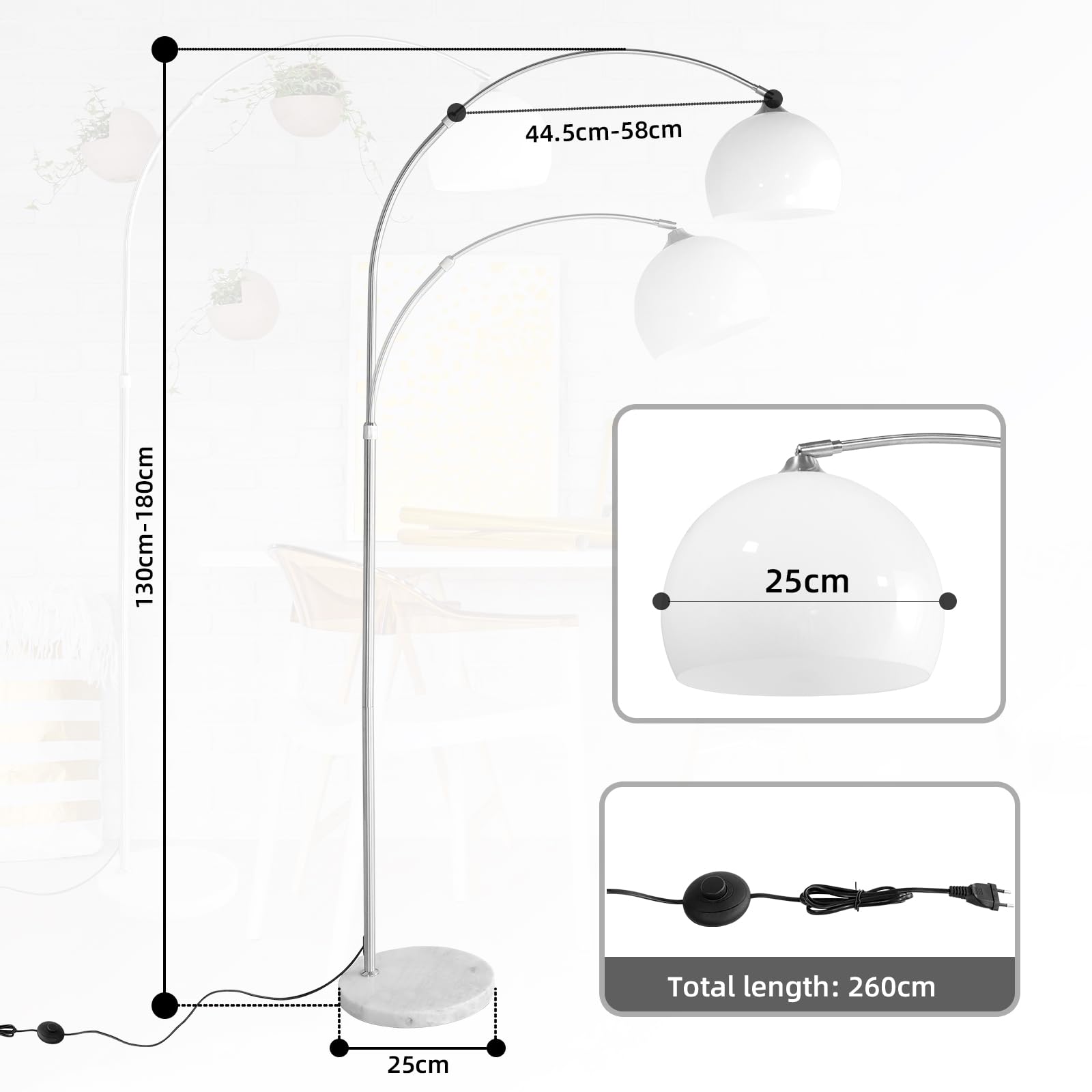 CCLIFE LED E27 Bogenlampe höhenverstellbar Marmorfuß weiß orange Stehlampe Stehleuchte Standleuchte Bogenleuchte Bogenstandleuchte, Farbe:Weiss, höhenverstellbar 130-180cm