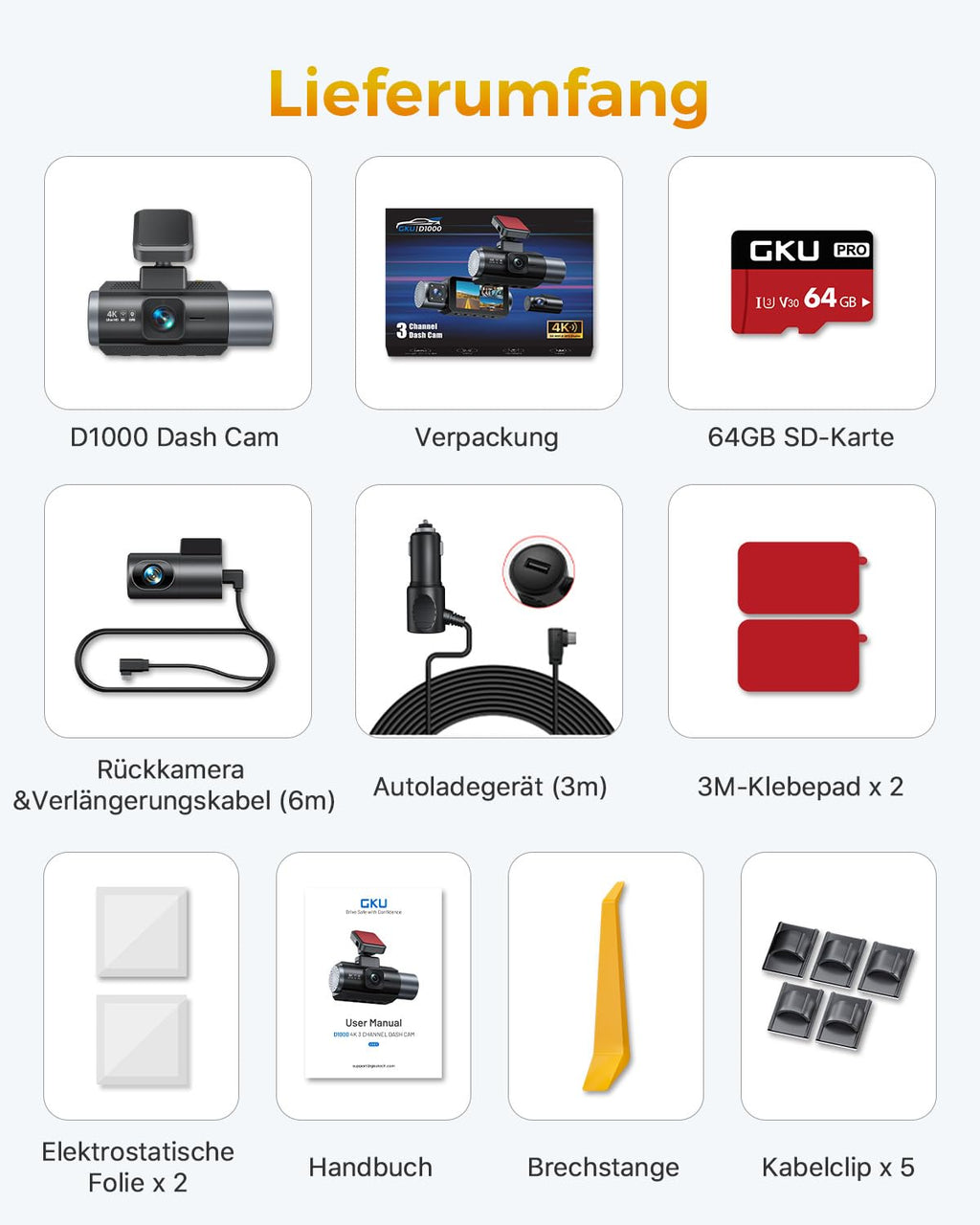 GKU 3-Kanal-Dashcam, 4K+1080P+1080P Dashcam Auto Vorne Innen Hinten mit 64GB SD Karte, GPS 5GHz WiFi, 3" IPS-Bildschirm, Super Nachtsicht,WDR,G-Sensor,Loop-Aufnahme,Parküberwachung,Max512GB
