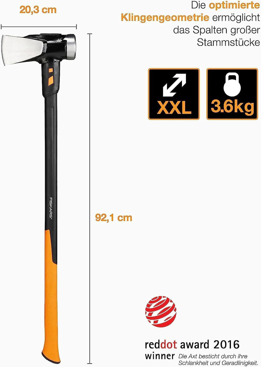 Fiskars Spaltaxt IsoCore XXL zum Spalten von Stammstücken oder zum Eintreiben von Keilen, Länge: 92 cm, Kopfgewicht: 3,6 kg, Schwarz/Orange, 1020220