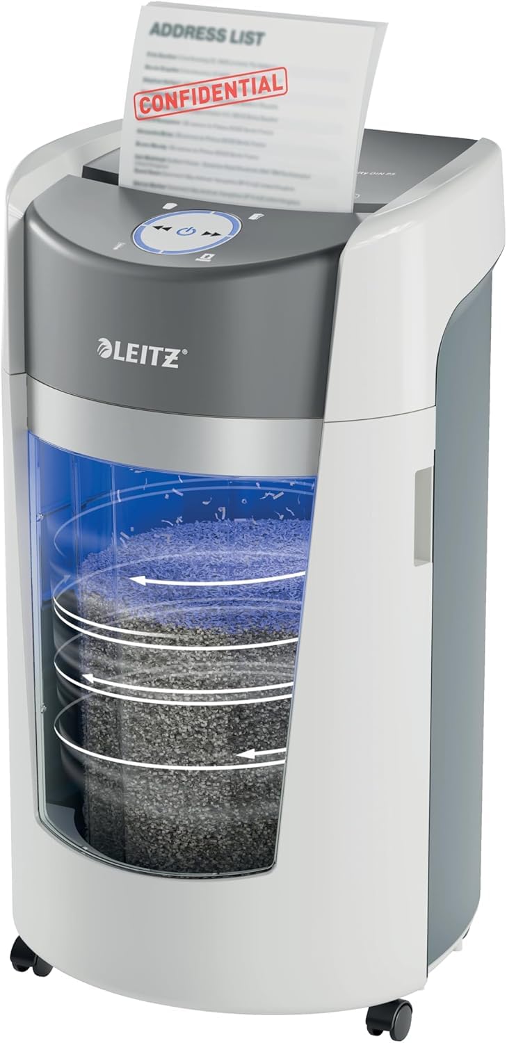 Leitz IQ OptiMax Office P5 Aktenvernichter mit Mikroschnitt, 12-10 Blatt (70-80 g/m²), Rotierender 35 Liter Behälter für 33% mehr Volumen (550 x A4), Extrem leise, 120 Min Dauerbetrieb, Weiß, 83600000
