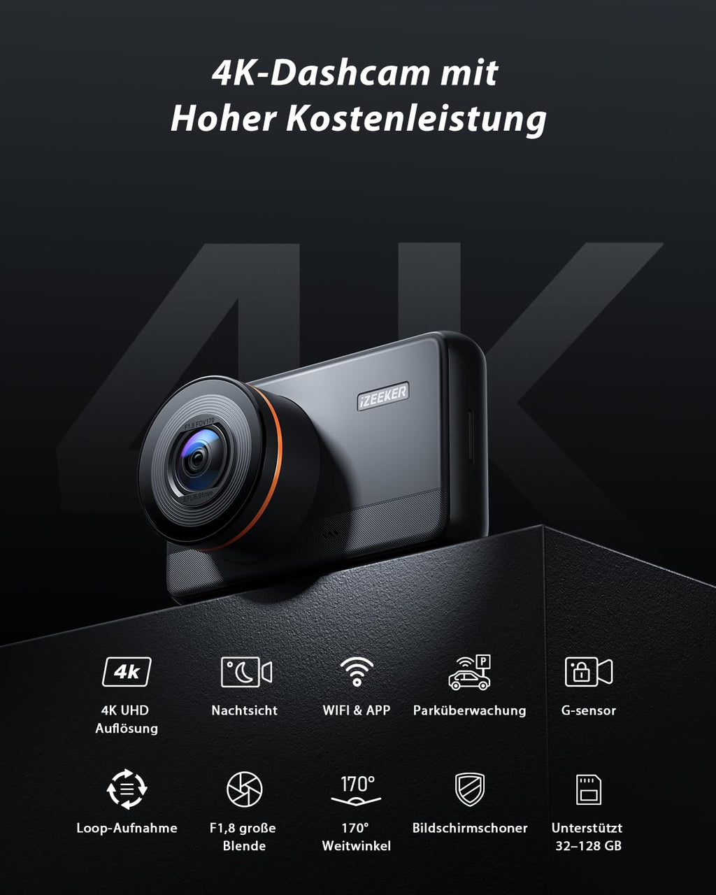 iZEEKER 4K Dashcam Auto, WiFi Dash Cam mit 32GB Karte, Front Auto Kamera mit Nachtsicht, 24/7 Parküberwachung, WDR, 170° Weitwinkel, Loop-Aufnahme, G-Sensor