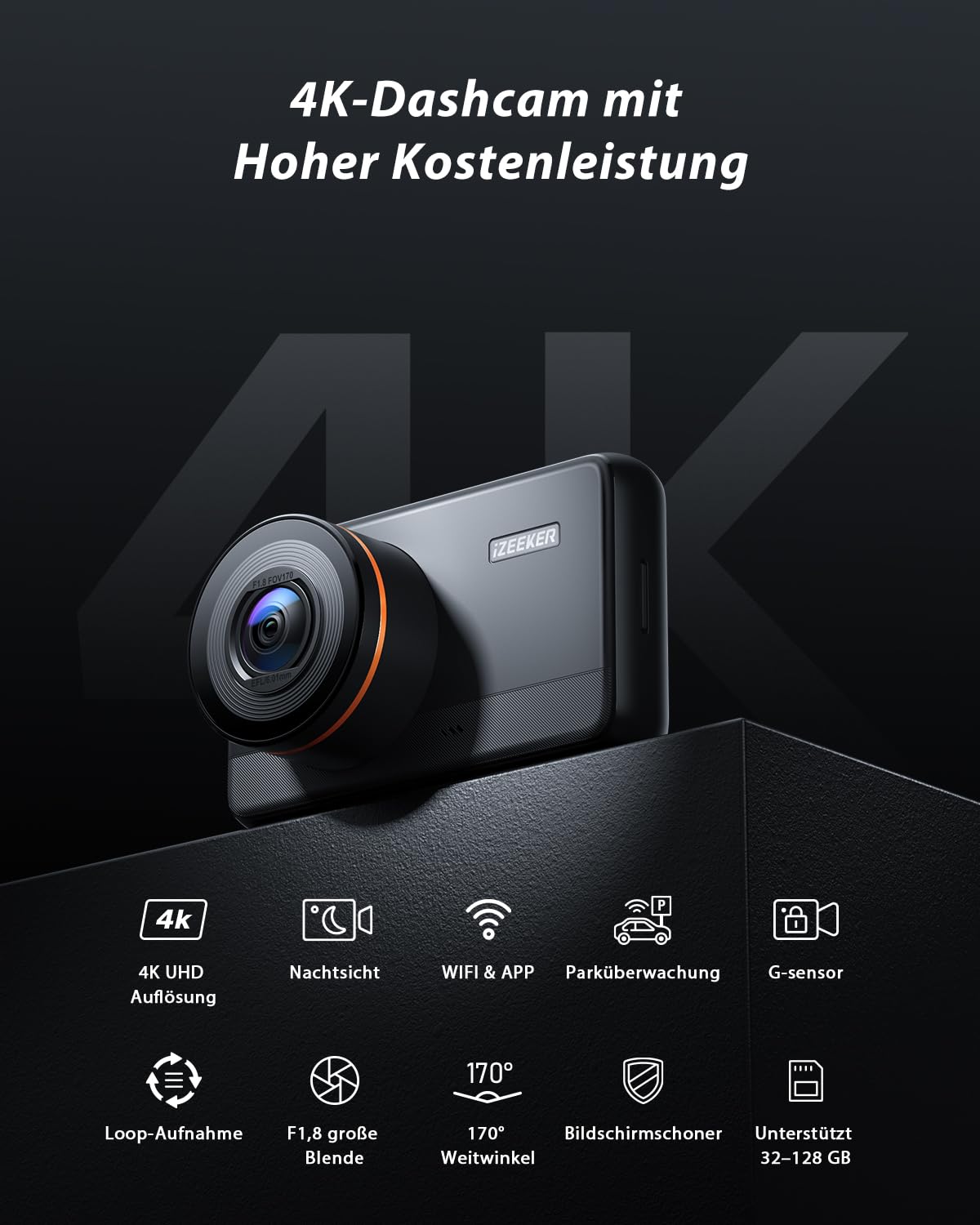 iZEEKER 4K Dashcam Auto, WiFi Dash Cam mit 32GB Karte, Front Auto Kamera mit Nachtsicht, 24/7 Parküberwachung, WDR, 170° Weitwinkel, Loop-Aufnahme, G-Sensor