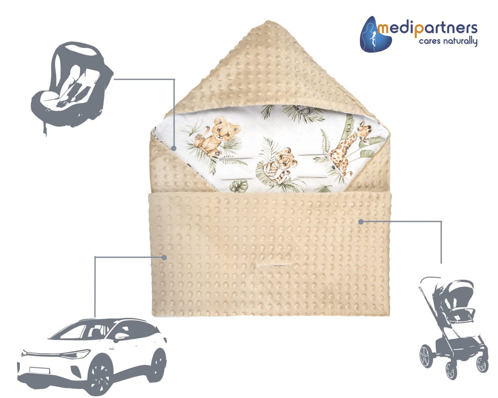 Medi Partners Einschlagdecke Baby Babyschale 100% Baumwolle für Sommer 85x85cm Kinderwagen Kuscheldecke universal Baby Decke Einschlagdecken Babydecke Buggy Autositz (Safari mit beigem Minky)