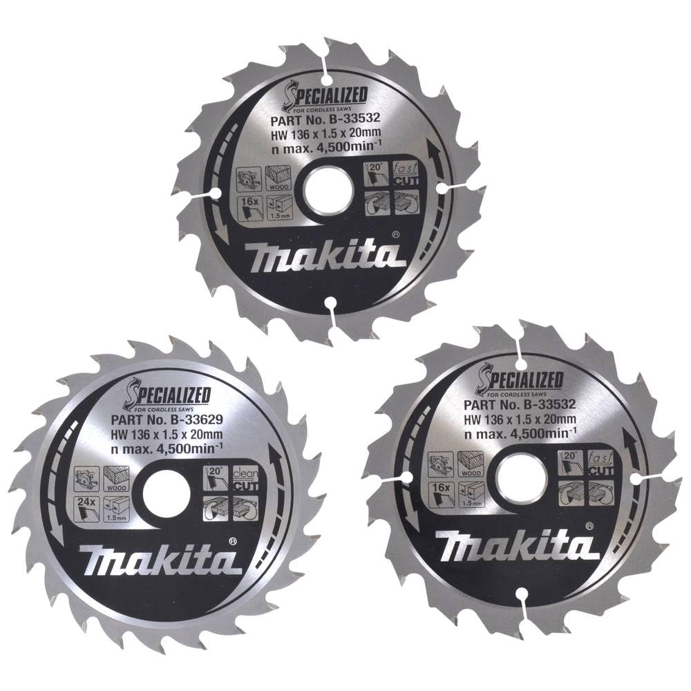 Makita B-33897 Specialized für Akku-Sägen Kreissägeblatt-Set 3-teilig 136 x 20 mm, 2x 16 Zähne (Schnittbreite 1,5 mm), 1x 24 Zähne (Schnittbreite 1,5 mm), saubere Längs- und Querschnitte