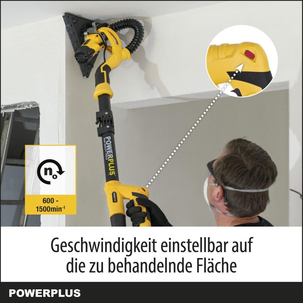 Powerplus Elektro-Trockenbauschleifer POWX0477-710W Elektrowerkzeug Schleifmaschine für Trockenbau - Wand und Deckenschleifer Schleifpapier Ø225mm - 1500min-1 - Teleskop - mit 12 Acc.