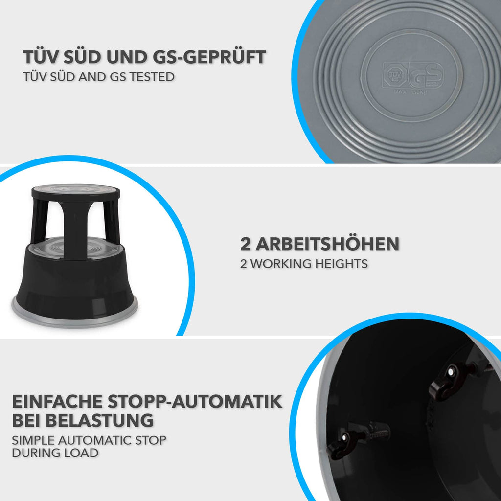 Floordirekt Rollhocker, Tritthocker, Elefantenfuß - Hocker aus Stahl bis 150kg Tragkraft für Büro oder Gewerbe - TÜV + GS geprüft (Schwarz, Metall)