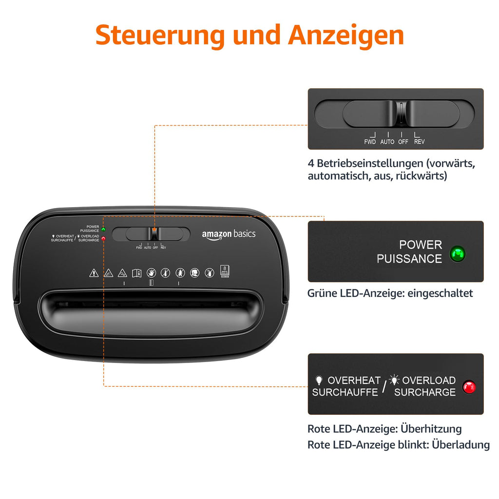 Amazon Basics Querschnitt Aktenvernichter für bis zu 8 Blättern, Papier und Kreditkarten, Aktenvernichter, bis zu 8 Blätter (neues Modell, schwarz)