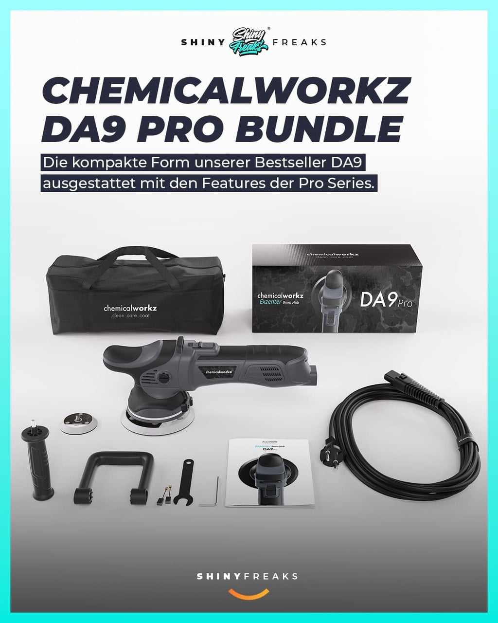 Poliermaschinen Set: chemicalworkz DA9 Pro Exzenter Poliermaschine + Sonax Politur Set + Royal Pads Premium Polierpads + Dr. Wack Versiegelung für Lack + Zubehör | 20-teilig